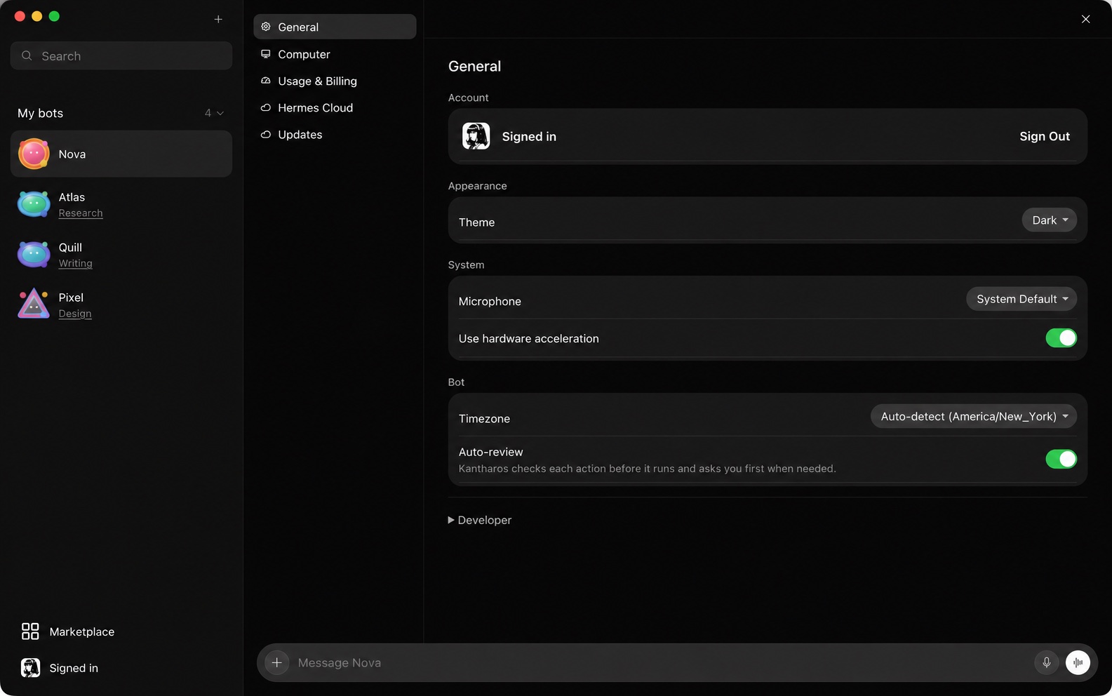 Kantharos workspace with friendly bots and appearance preferences