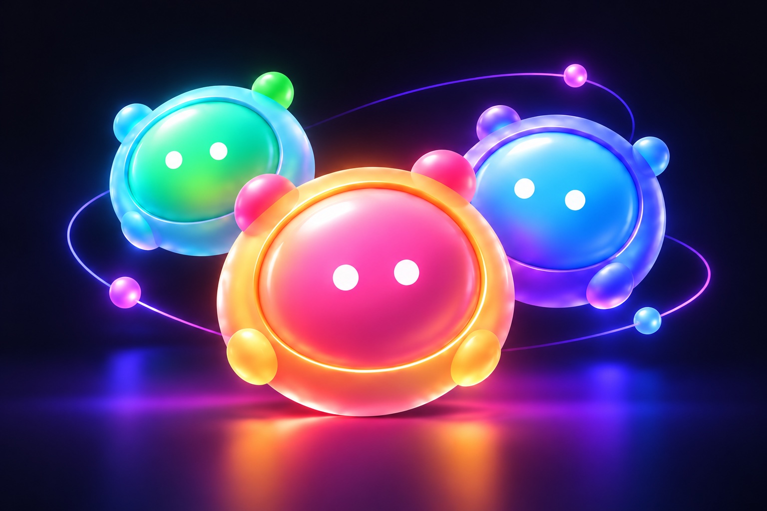 Three colorful Kantharos bots in pink, green and blue