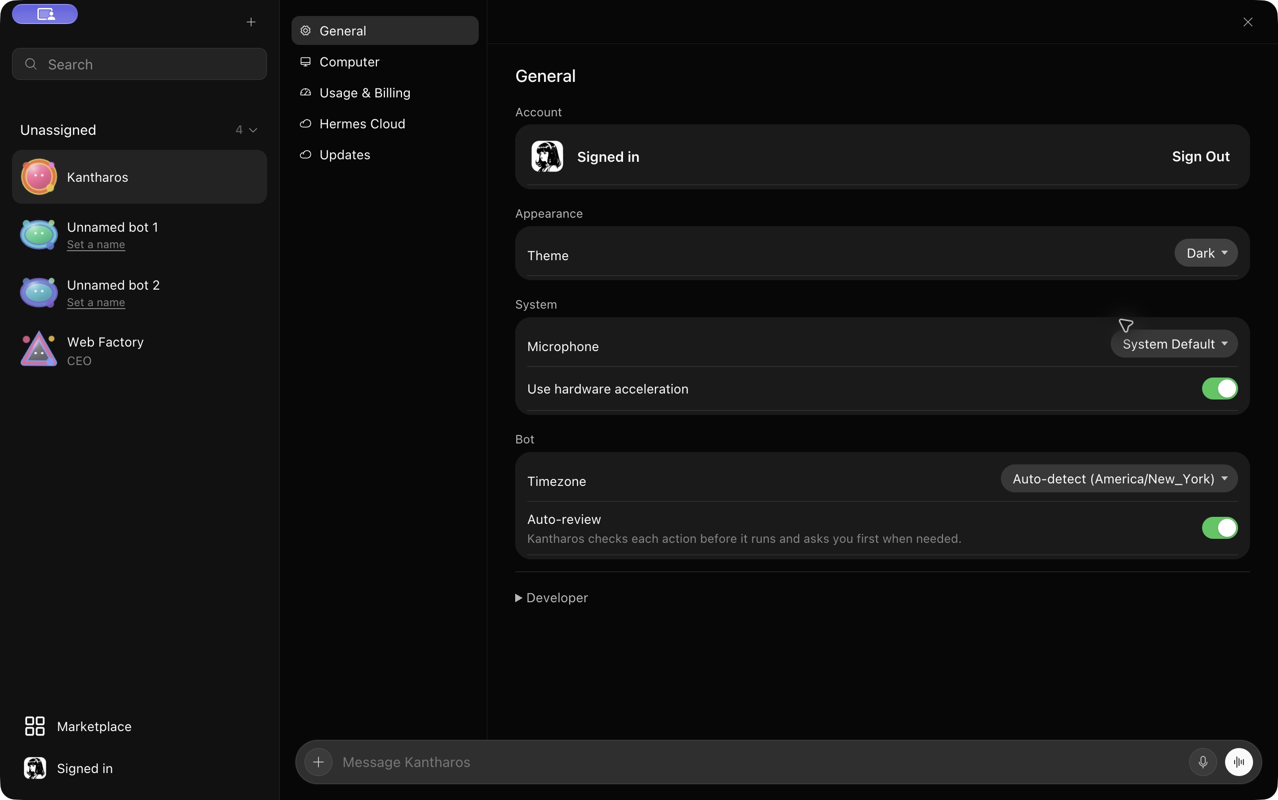 Native Kantharos Mac app in dark appearance, showing the agent roster and settings